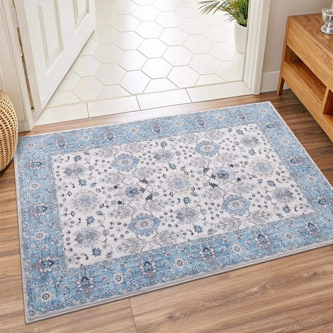 2x3 Washable Area Rug – Soft, Non-Slip Entrance Rug, Durable Indoor Door mat, Floor Carpet for High-Traffic Areas, Entryway, Kitchen, and Bedside, Cozy Elegance/Blue