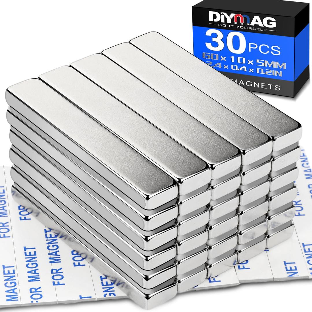 DIYMAG Neodymium Magnets, 30 Pack Strong Magnetic Bar with Double-Sided Adhensive Backing Heave Duty Rare Earth Magnet for Fridge, Classroom, Science and Craft - 2.36 x 0.39 x 0.2 in Silver
