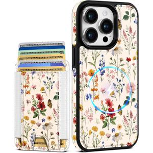 Shorogyt for iPhone 14 Pro Max Case Wallet - Fits 5 Cards, Compatible with Magsafe Detachable Magnetic Credit Card Holder Leather Cardholder Cute Phone Cover Women Girls for Apple 14 ProMax, Floral