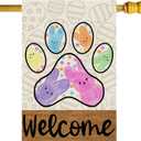 Welcome Easter Dog Paw Colorful Dots Cute Bunny Eggs Spring House Flag Large Burlap 28X40 Inch Vertical Double Sided Outside Yard Holiday Outdoor Farmhouse Decoration