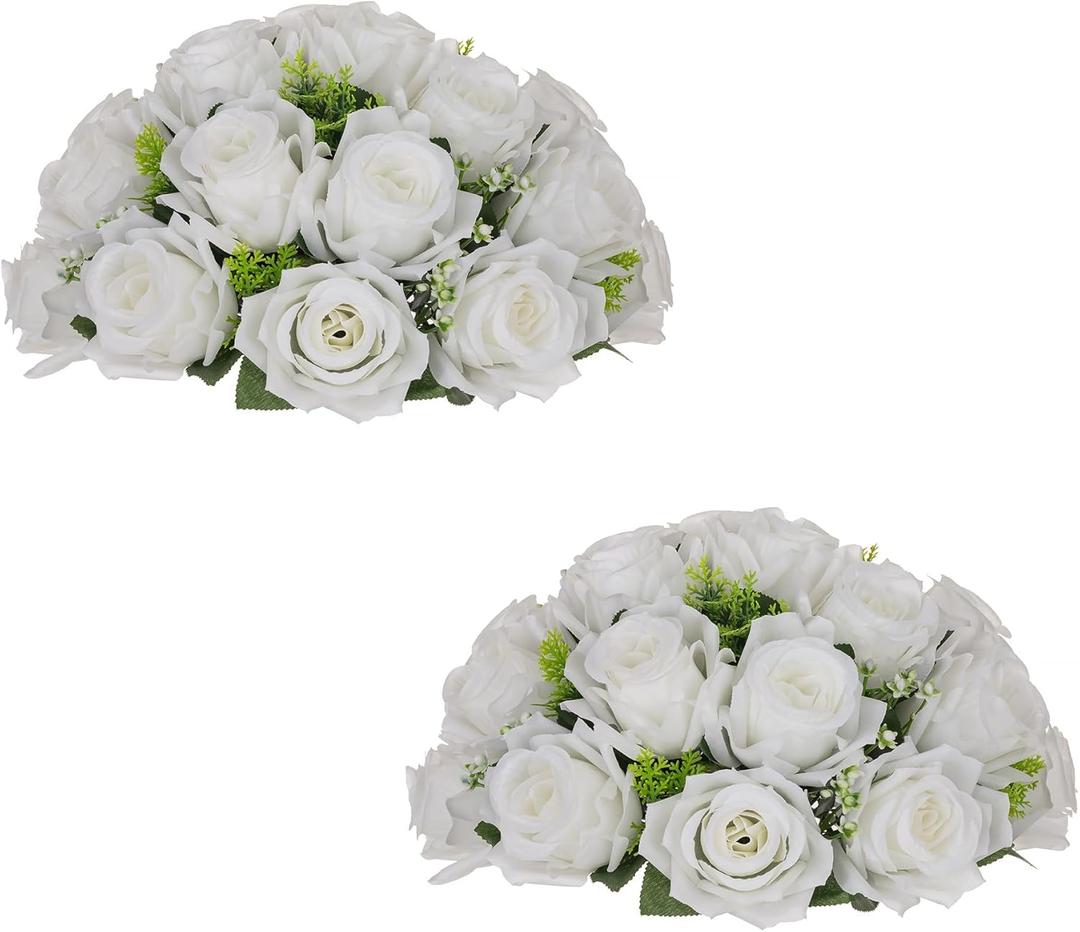 BLOSMON White Flower Balls for Centerpieces: 2pc 11.8 Inch Artificial Rose Floral Arrangement Bouquet Wedding Dinning Table Decoration - Easy Use Kissing Ball for Home Party Baby Shower Decor
