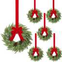 5 Pcs Small Christmas Norfolk Wreaths 15 Inch Christmas Kitchen Cabinet Mini Wreath Real Touch with Bow Ribbon Cedar Red Berry for Xmas Front Door Window Chair Fireplace Table Pillar Farmhouse Decor
