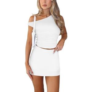 Skirt Sets Women 2 Piece Outfits - Sexy Two Pc Off The Shoulder Tank Crop Top Bodycon Mini Skirts Suits Dresses, M