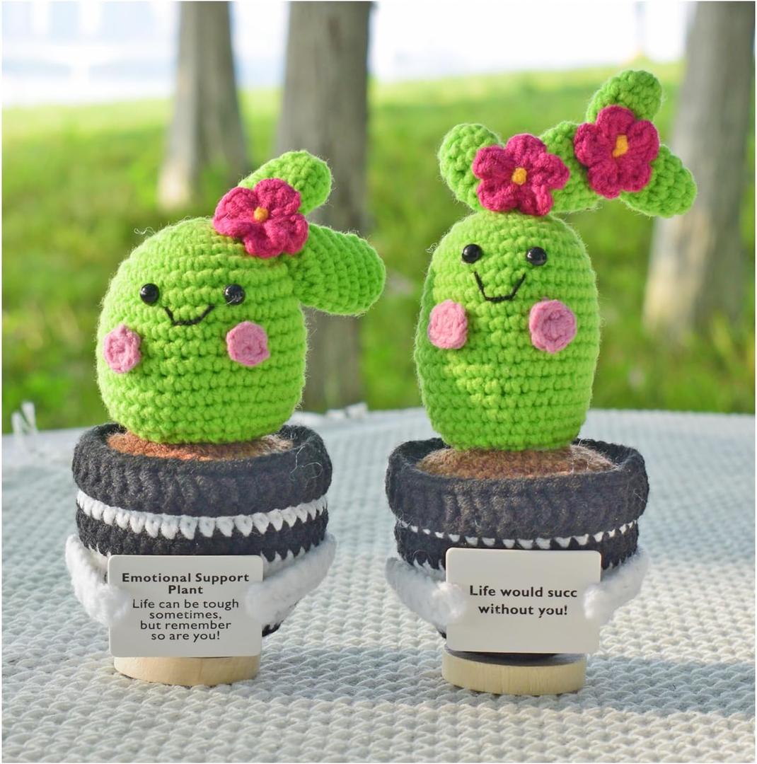 2pcs Positive Cactus Crochet, 6.3 Inch Potato Gifts with Encouraging Card, Emotional Support Pickle Crochet Gifts for Coworker, Friends, Teacher, Office, Desktop Decor