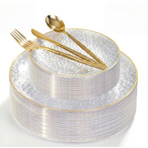 I00000 150Pcs Clear Plastic Plates with Gold Rim, Christmas Plastic Plates, Gold hammer patterned Disposable plates Set include 30 Dinner Plate, 30 Dessert Plate, 90 plastic Silverware Set for Christmas