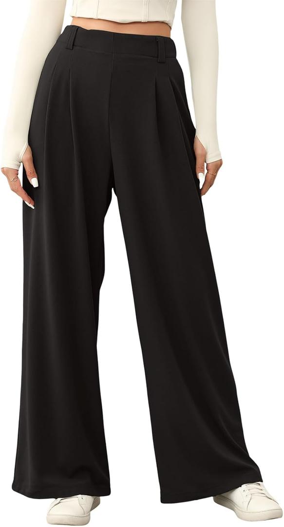 EVALESS Women's Wide Leg Pants Elastic High Waisted Waffle Knit Work Palazzo Pants Business Casual Trousers with Pockets, XL