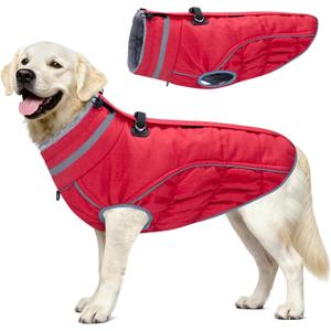 Malier Dog Coat, Reflective Dog Jacket Waterproof Windproof Puppy Cold Weather Coats with Harness Built in, Winter Extra Warm Pet Coat Fleece Vest for Small Large Pets and Puppy (Red, Medium)