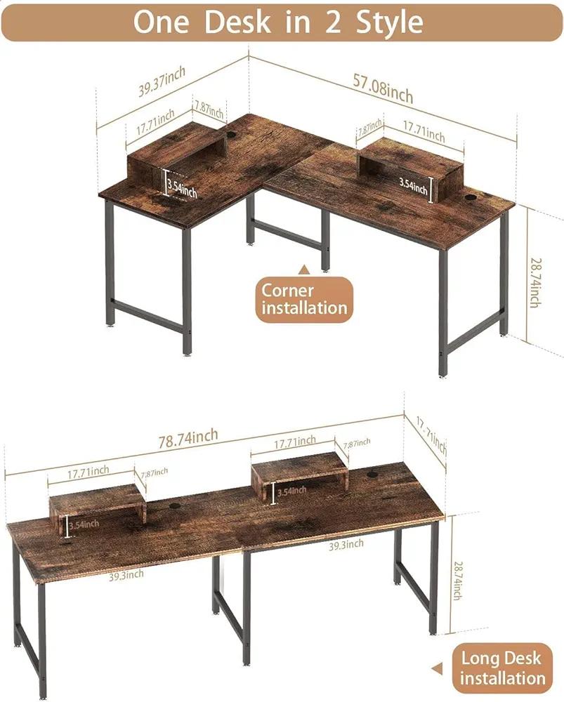 MINOSYS L Shaped Computer Desk - 58" Gaming Desk, Reversible Corner Desk, Home Office Writing Desk with Monitor Stand Shelf, Space-Saving Modern Simple Wooden Desk, Rustic Brown
