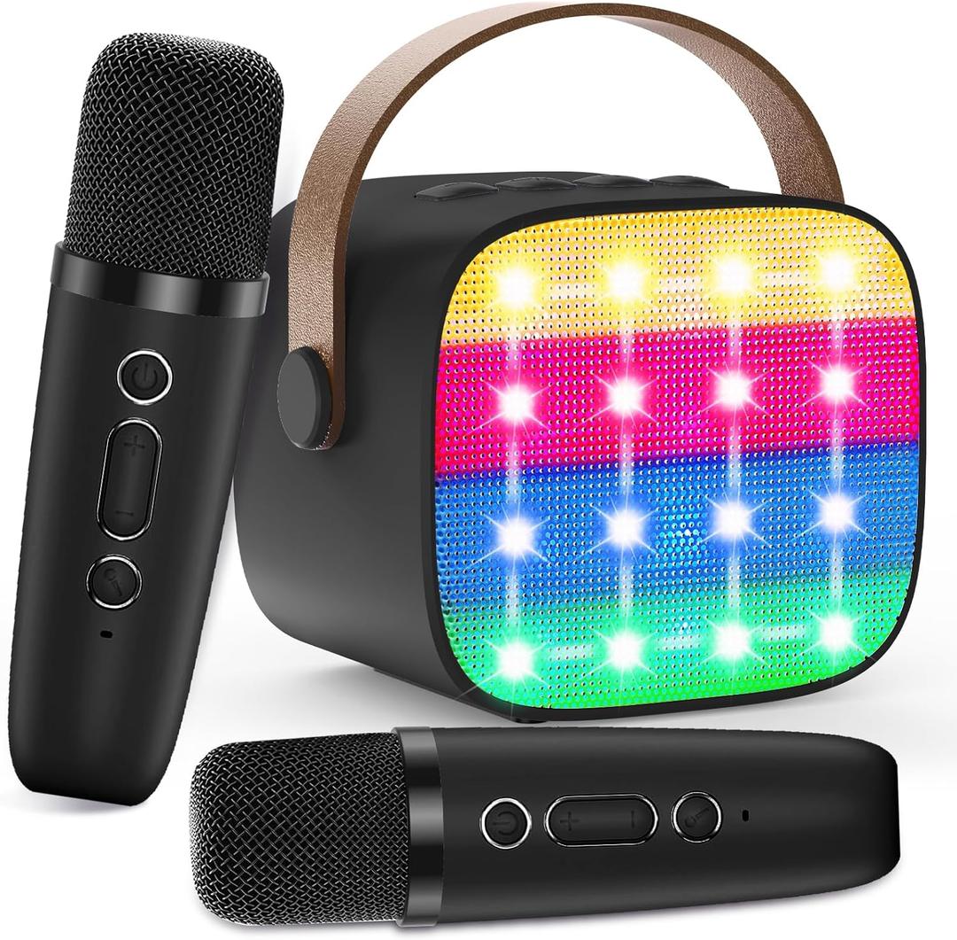 Bluetooth Karaoke Machine Toy for Kids- Mini Karaoke with 2 Wireless Microphone, Voice Changer & LED Lights, Portable Karaoke Mic for 3-8 Year Old Girls, Great for Birthday Home Party (Black)