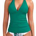 Yonique Womens Two Piece Swimsuits Tummy Control Tankini Plus Size Bathing Suit Halter V Neck Swimwear (Size Large, Green)
