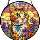 Cat Flower Suncatcher Stained Glass Window Hanging, Orange Cat Sun Catchers Indoor Window Glass Wall Art Decor, Kitten Floral Wall Hanging Decor Decorations, 7.9x7.9 Inch