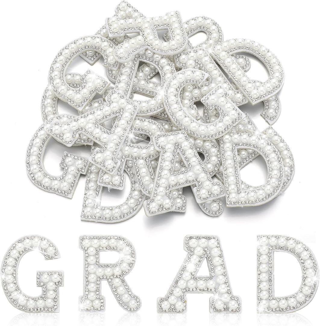Glenmal 20 Pcs Graduation Pearl Rhinestone Letter Patches Self Adhesive Grad Letters Patches for DIY Clothing High School College Graduation Party Supplies for Bags Backpacks Hats