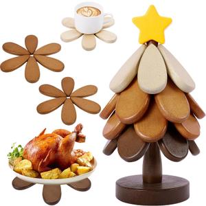 Wooden Tree Trivets for Hot Dishes, Christmas Tree Shape Trivet Set of 4 for Hot Pot Pans, Wood Coasters for Bowls Teapots Drinks Plates, Home Table Decor(Walnut Wood)