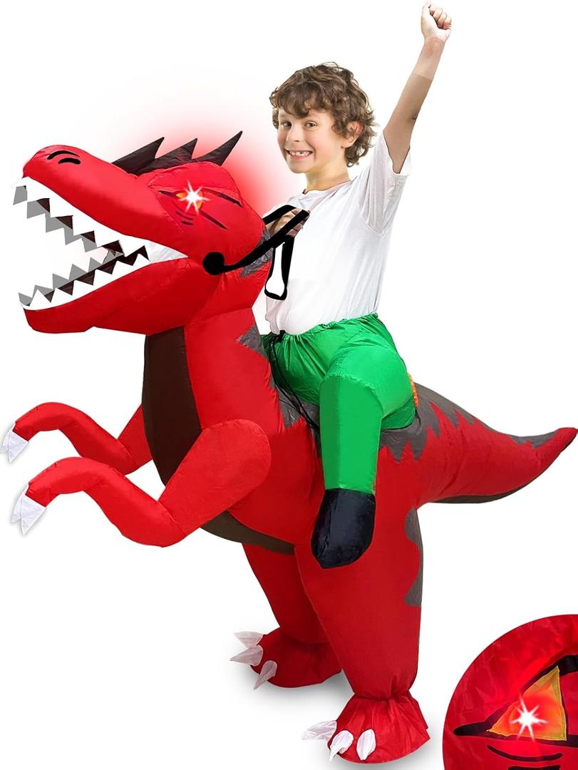 Camlinbo Kids Halloween Inflatable Costume, Dinosaur T-Rex Blow up Rider Costume with LED Eyes for Halloween Cosplay Party