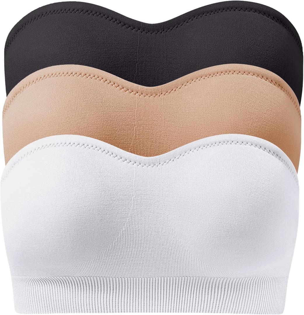 Strapless Bras for Women, Wirefree Non-Slip Seamless Strapless Bra Bandeau Tops for Women (Large, Black+Beige+White)