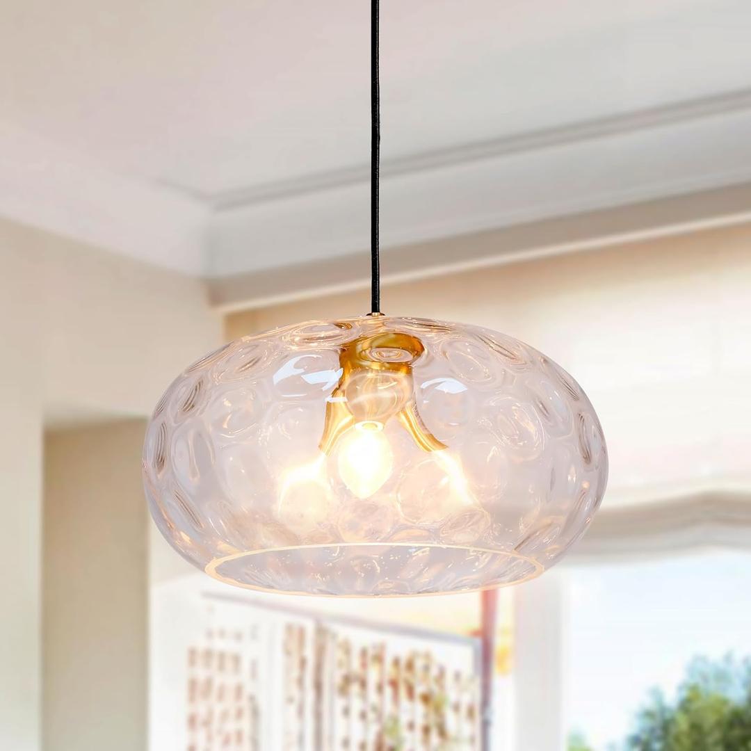 Large Glass Pendant Lighting, 14" Hammered Lampshade Hanging Lamp, 3-Light Brass Gold Chandelier for Dining Living Room Kitchen Island (Clear Glass Shade, 14 Inches)