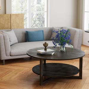 Round Wood Coffee Table with Storage Shelf, 33.5" D Wooden Circle Accent Coffee Table, 2-Tier Solid Wood Rounded Center Cocktail Table for Home Living Room Bedroom, Black Brown