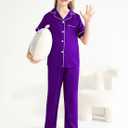 Veseacky Girls Silk Pajamas Short Sleeve Pjs for Kids Satin Two Piece Lounge Sets Sleepwear with Long Pants (Purple,12y) (Purple)