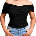 Women's Plus Size Off The Shoulder Tops Ruched Wrap Short Sleeve Going Out T Shirts 3XL