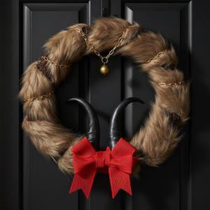 Yunlly 12 Inch Christmas Krampus Wreath Christmas Wreaths for Front Door Scary Horror Krampus Decorations with Horns Faux Fur Red Bow Bells Gothic Holiday Decor for Halloween Xmas Krampusnacht Party