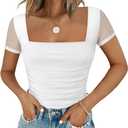 Chunpin Women's Square Neck Mesh Short Sleeve Bodysuit Outfits Tops Sexy Thong Bodysuit (Medium)