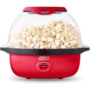 Dash SmartStore Deluxe Stirring Popcorn Maker - Hot Oil Electric Popcorn Popper with Butter-Warming Tray, Clear Serving Bowl, Storage Lid & Measuring Cup - 24 Cups, Red