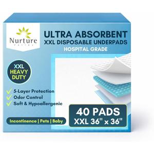 40 XL 36 x 36 Heavy Duty Ultra Absorbent Bed Pads w/ Adhesive by Nurture | Disposable Chux Liners, Underpads, Adult Incontinence Hospital Grade Chucks