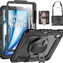 SEYMAC Case for iPad Air 11 Inch M4 / M3 / M2 (2026/2025 / 2024), Heavy Duty Shockproof Protective Case with Screen Protector, 360 Rotating Stand and Hand/Shoulder Strap, Black 