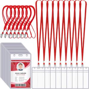Marspark 200 Pcs Name Tag Lanyards with ID Holder Lanyards for ID Badges Resealable Flat Neck Name Tag with Clip Waterproof Plastic Clear Badges Bulk for School Office Supplies (Red)