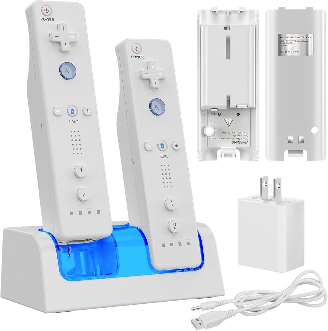 Remote Controller Charger for Wii/Wii U with 2 Pack 2800mAh Rechargeable Battery Pack, 2 Port Charging Station for Wii Controller, Remotes Are Not Included (5.1 * 2.3 inches, White)