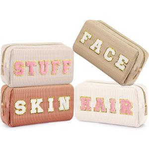 Sanwuta 4 Pcs Travel Organizer Bags Cute Face Tools Bag Cosmetic Bag Makeup Accessories Skincare Pouch Cute Toiletry for Women Travel Letter Portable Zipper Pouch Toiletry(Pink, Brown Series Color)