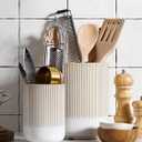 LE TAUCI Utensil Holder for Kitchen Counter, 7.3"+5.4" Fluted Ceramic Utensil Crock Organizer for Countertop, Heavy Large Holder for Spatulas, Spoons, Set of 2, Warm White Glaze