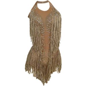 Women Rhinestones Fringes Leotard for Latin Dance Nightclub Party Costume Stage Wear Performance Tassel Bodysuit One Size