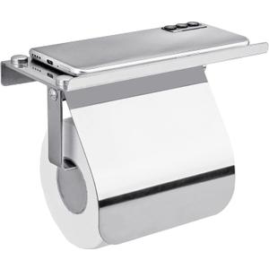 Toilet Paper Holder with Phone Shelf and Waterproof Cover, SUS 304 Stainless Steel Tissue Roll Storage Rack (Polished Chrome) (Medium)