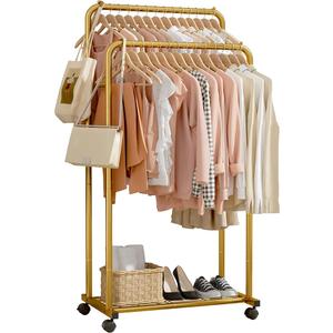 Clothes Rack - Clothing Rack with Storage Mesh Shelf & Casters, Heavy-Duty Metal Clothing Rack for Hanging Clothes, Dresses, Coats, Large Load Capacity, Easy Assembly, Gold, 28.0"x16.0"x59.0"