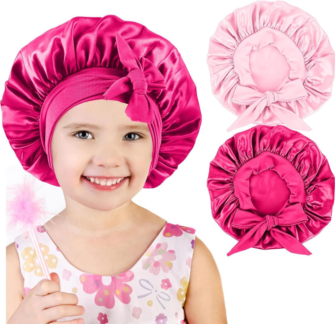 2 PCS Kids Bonnets for Girls, Silk Bonnet for Kids, Satin Bonnet for Sleeping, Baby Toddler Hair Cap with Tie Band (Pink)