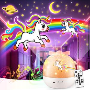 PIKOY Night Light for Kids, 15 Films+15 Sound Machine for Kids Projector Light, 360 Rotation Princess Night Light Projector for Kids Room,Remote+Rechargeable Unicorn Lamp,Unicorn Gifts for Girls Toys (White)