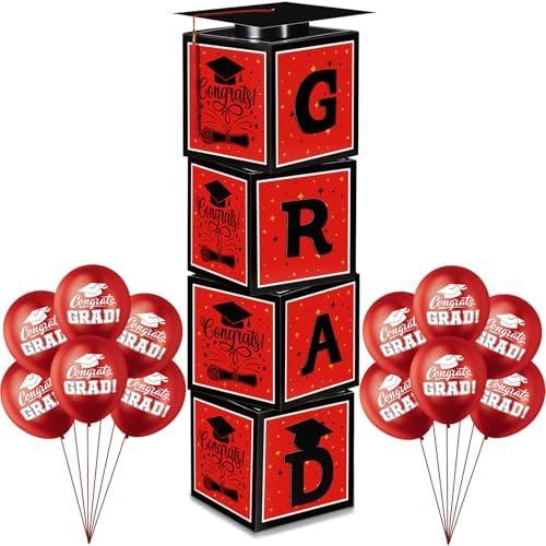 Gejoy 2025 Red and Black Graduation Decorations Prom Boxs Decorations 2025 Graduation Balloon Boxes with Letters Grad Cap for Grad Party School Home College