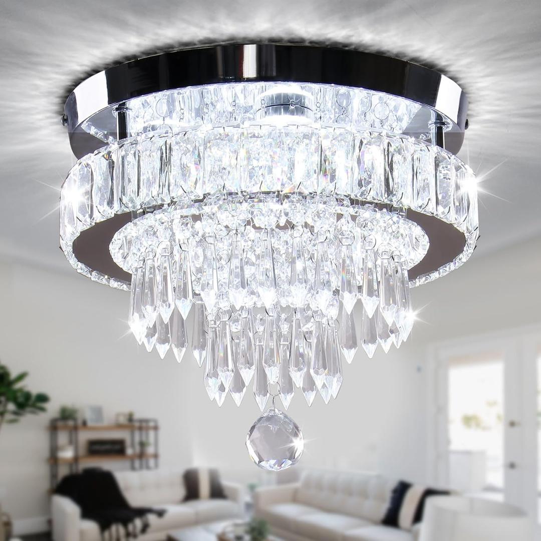 Chandelier 11.8" Modern Crystal Chandeliers Crystal Light Fixtures Flush Mount Chandelier Ceiling Light Chandeliers for Bedrooms Living Room Dining Room Hallway (Cool White)