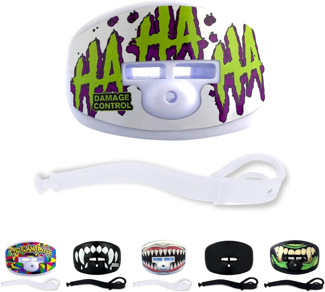 DAMAGE CONTROL Pacifier Mouthpiece  Football Mouthguard with Helmet Strap, Protects Teeth, Jaw & Mouth  Mouth Piece for Sports, No Boiling, Allows Airflow  Gear for Adults & Youth (HA HA HA)