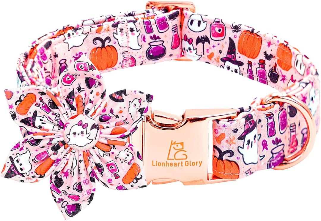 Lionheart glory Halloween Dog Collar with Flower Pumpkin Ghosts Fall Pink Dog Flower Collars Soft Adjustable Collar for Large Dogs Female Cute Bowtie Collars Party
