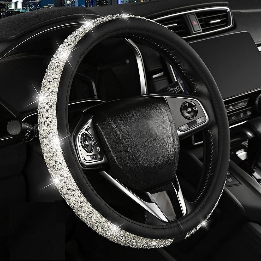 New Crystal Rhinestones Steering Wheel Cover for Women Girls Bling Diamond Leather Car Accessories Universal 15 Inch Wheel Protector(White)