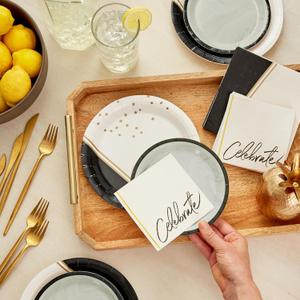 Hallmark Black and Gold Party Supplies (16 Round Dinner Plates, 16 Round Dessert Plates, 16 Beverage Napkins, 16 Dinner Napkins) for Weddings, Graduations, Engagements