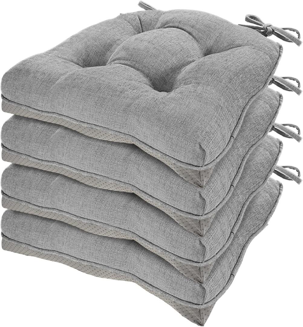 HARBOREST Chair Cushions for Dining Chairs Set of 4 - Chenille Tufted Kitchen Chair Cushions with Ties and Non-Slip Bottom, Foam Chair Pads for Dining Chairs, 17" x 17", Light Grey