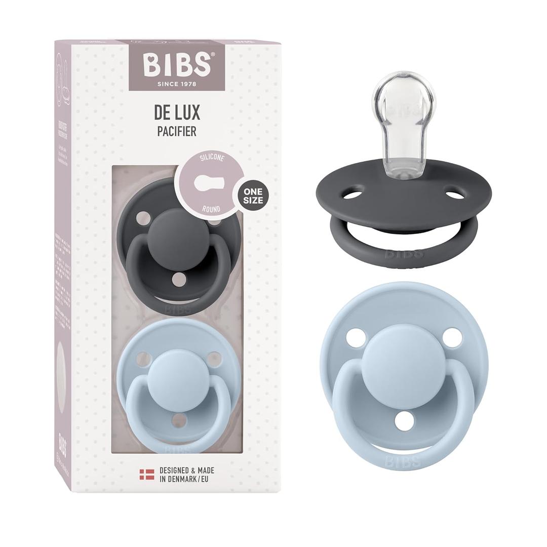BIBS Pacifiers - De Lux Collection | BPA-Free Baby Pacifier | Made in Denmark | Set of 2 Iron/Baby Blue Color Premium Soothers | Size One Size (One Size | 0-36 Month)