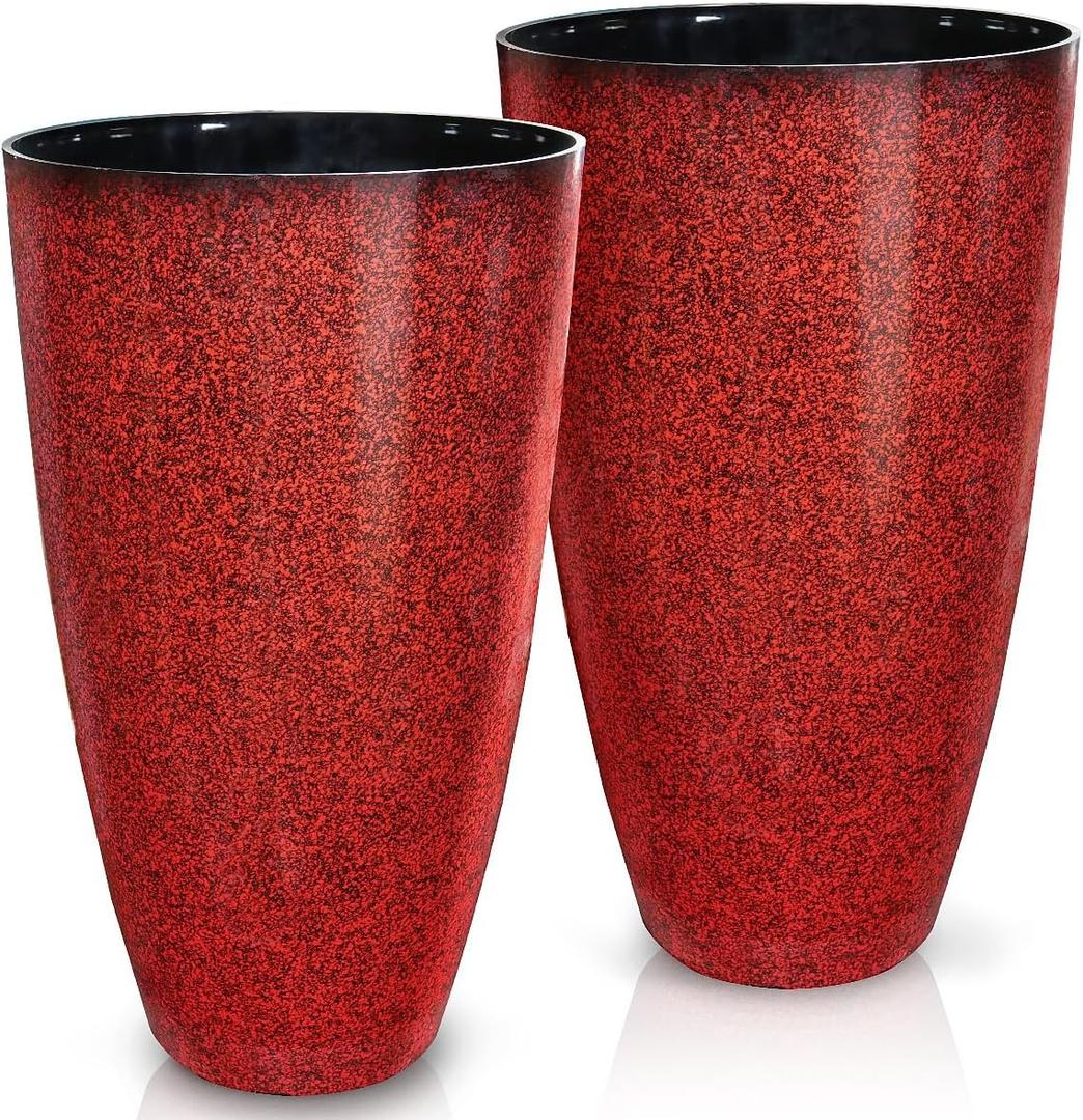2 Pcs Pack 21 Inches Plastic Resin Tall Tapered Planter Pots Large Round Planter Flower Pot with Drainage Holes for Indoor Outdoor Deck Porch Yard Office Garden Home Patio Front Door (Red, L)