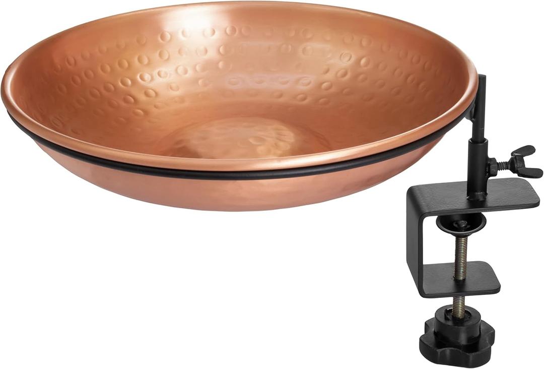 Monarch Abode Pure Copper Hand Hammered Deck Mounted Bird Bath and Feeder w/Iron Clamp, 1.75-inch Detachable Iron Clamp Outdoor Birdbath and Birdfeeder for Garden Patio & Deck, Bird Water Feeder