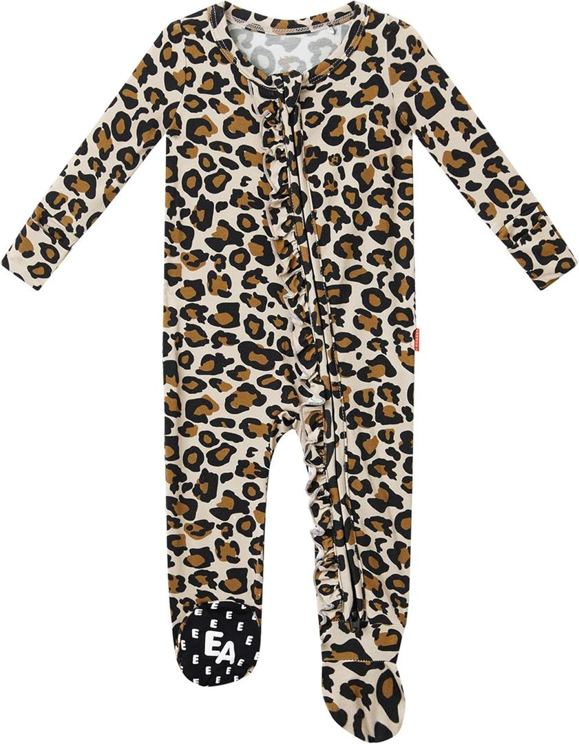 Bamboo Viscose Baby Girl Footie Pajamas, Newborn Sleepers Infant Onesie, 2-Way Zipper Footed Pjs (3-6 Months, Leopard Tan)