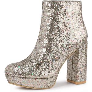 Perphy Glitter Platform Round Toe Chunky Heels Ankle Boots for Women (7.5, Silver)