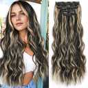 ALXNAN Clip in Long Wavy Synthetic Hair Extension 24 Inch Black with Blonde Highlights 4PCS Thick Hairpieces Fiber Double Weft Hair for Women